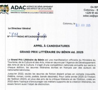 Grand Prix Littéraire du Bénin 2025 : l’appel à candidatures est lancé jusqu’au à 15 juillet