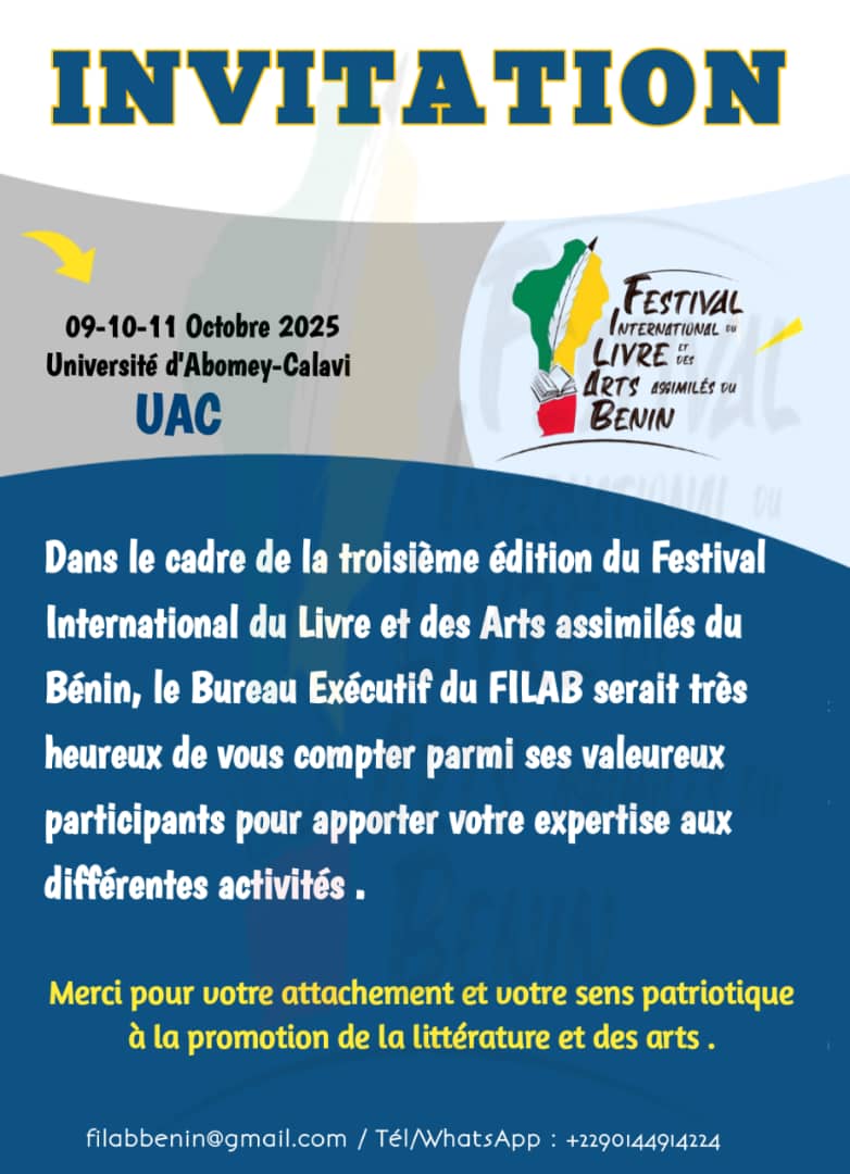 FILAB 2025 : Cotonou accueille la 3ème édition du Festival International du Livre et des Arts Assimilés du Bénin du 09 au 11 octobre