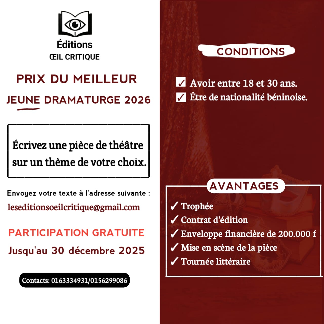 Appel à candidatures – Prix du Meilleur Jeune Dramaturge 2026 des Éditions Œil Critique